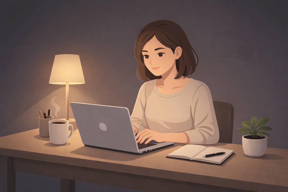 ImagePromptChatGPT1.1-darkmode-creator working on laptop at night